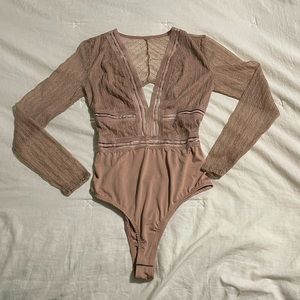 Lulus beige sheer lace long sleeve bodysuit